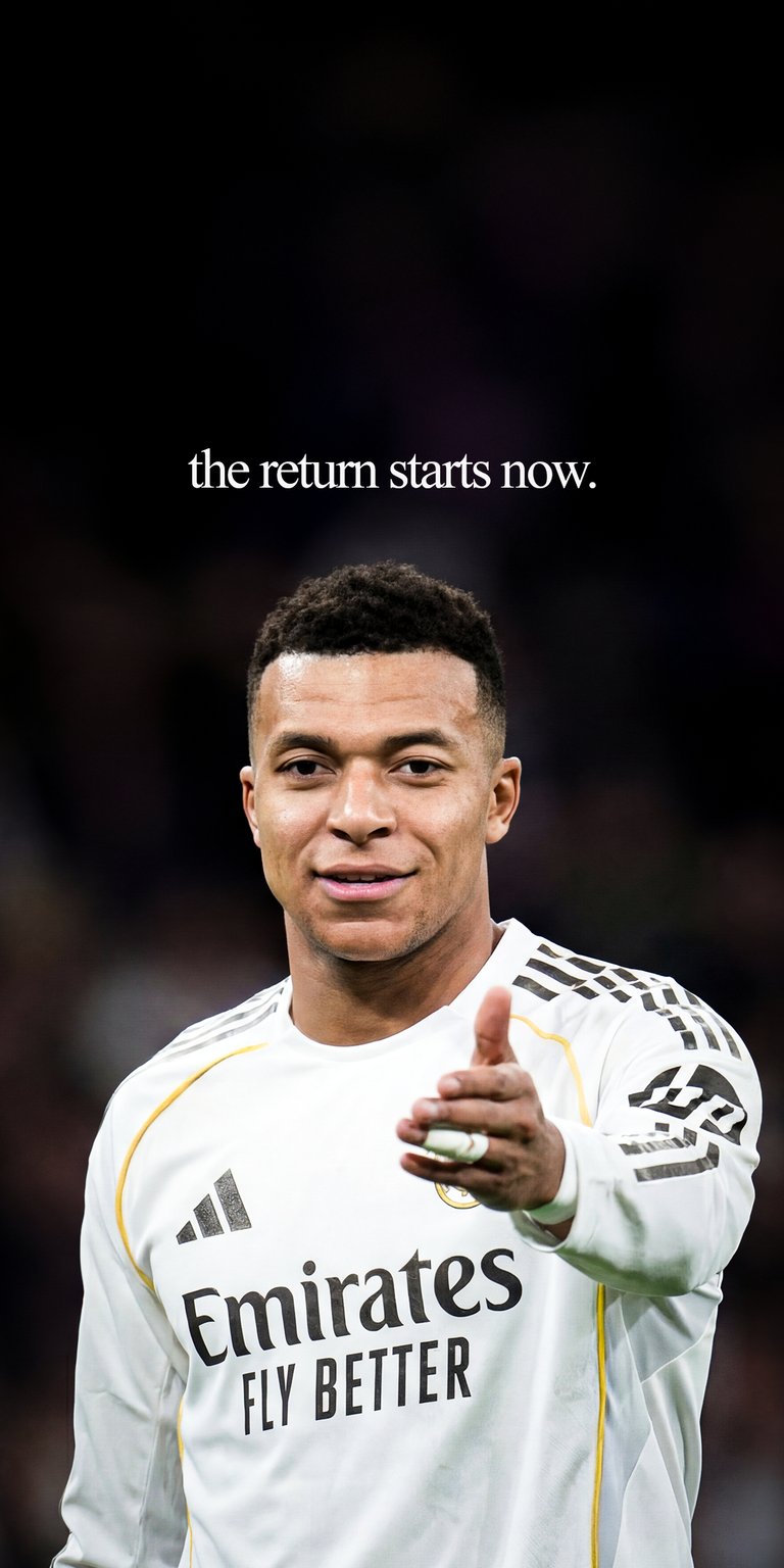 This high-resolution 4K wallpaper features Kylian Mbappé in the iconic white Real Madrid kit with "the return starts now" typography. It is the perfect iPhone wallpaper for fans who want to celebrate his historic move to the Spanish giants.