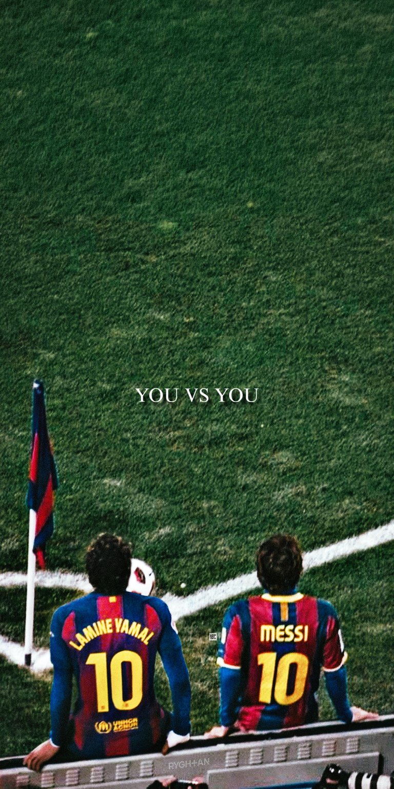 Upgrade your iPhone with this 4K wallpaper featuring Lamine Yamal and Lionel Messi in the popular Aesthetic wallpapers style. This design showcases both legends sitting together over a green pitch with a centered "YOU VS YOU" motivational quote.