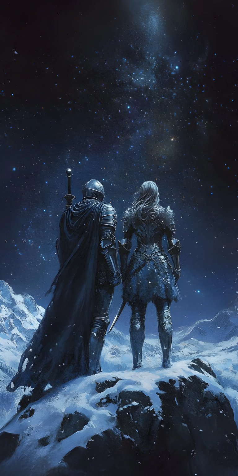 Download this striking Swordsman and Woman wallpaper in 4K for your iPhone, showcasing two figures standing on a snowy peak gazing at a starry sky. The wallpaper highlights their detailed armor and the contrasting textures of the snow and space.