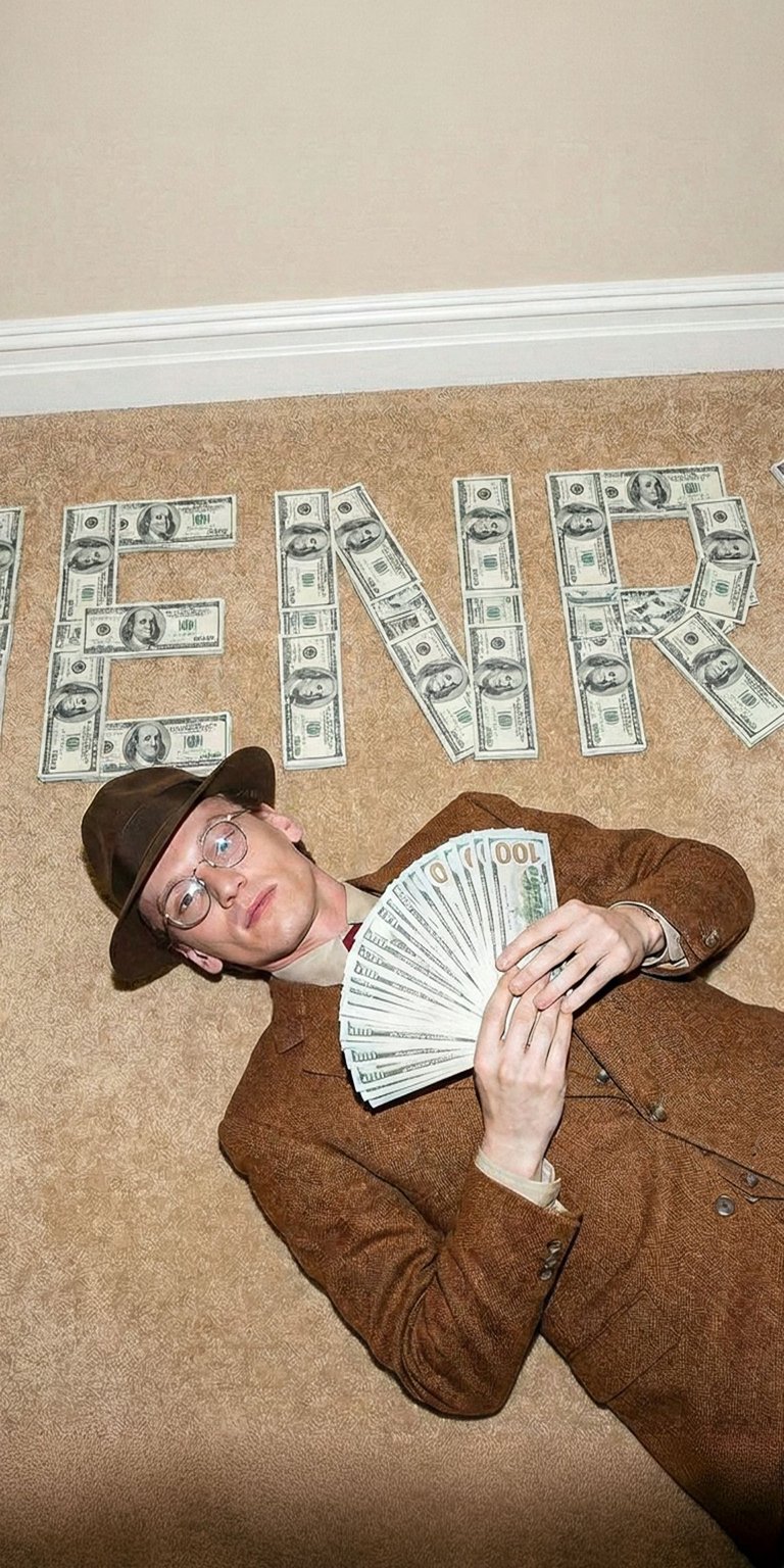 This is a Henry Creel 4K wallpaper, perfect for your iPhone! The hundreds are arranged to spell his name in this wallpaper, and he's holding a fan of cash.