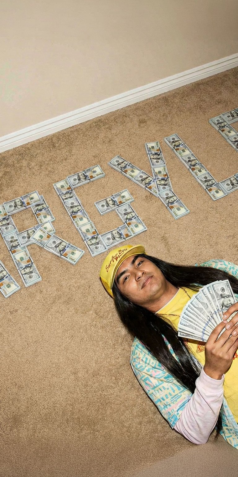 This groovy live wallpaper features Argyle, the eccentric pizza delivery driver and friend of the Byers family from Stranger Things. Argyle is lying on the carpet with dollar bills arranged to spell out a word, likely "REVLIS" (his van's license plate) or a phrase, surrounding him. He is wearing his pizza delivery uniform and holding cash. This wallpaper captures his laid-back, surfer-dude aesthetic and his memorable presence in the show.