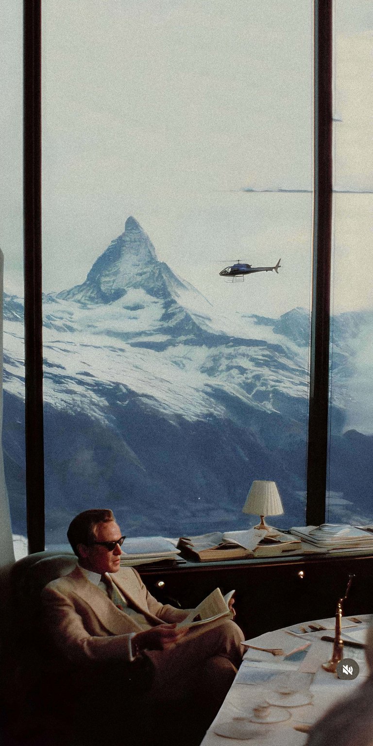Download this James Bond 4K wallpaper for your iPhone, showcasing him reading by the desk.  A helicopter and the snow covered mountains are visible outside the large window, making this wallpaper a visually stunning choice.