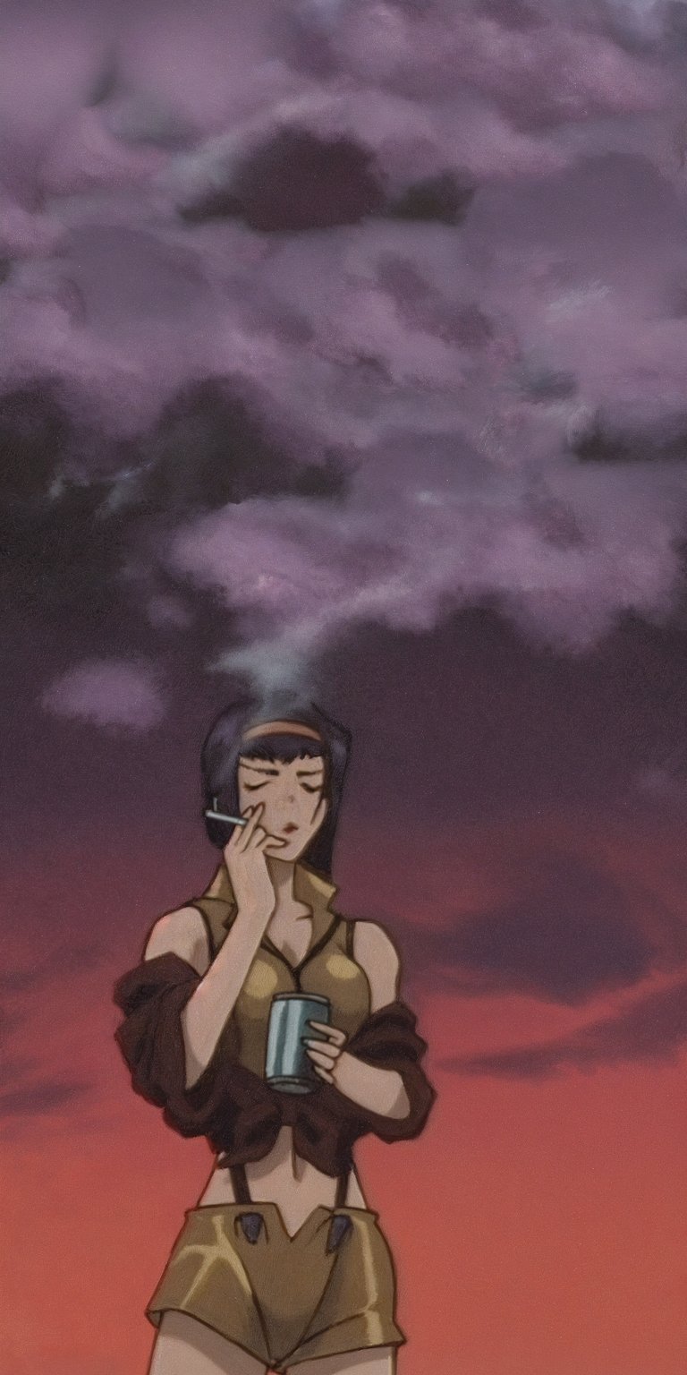 This Faye Valentine wallpaper showcases the femme fatale of Cowboy Bebop in a high-quality 4K anime style. Perfect for your mobile home screen, the design features sunset lighting, twilight clouds, and detailed retro character art.