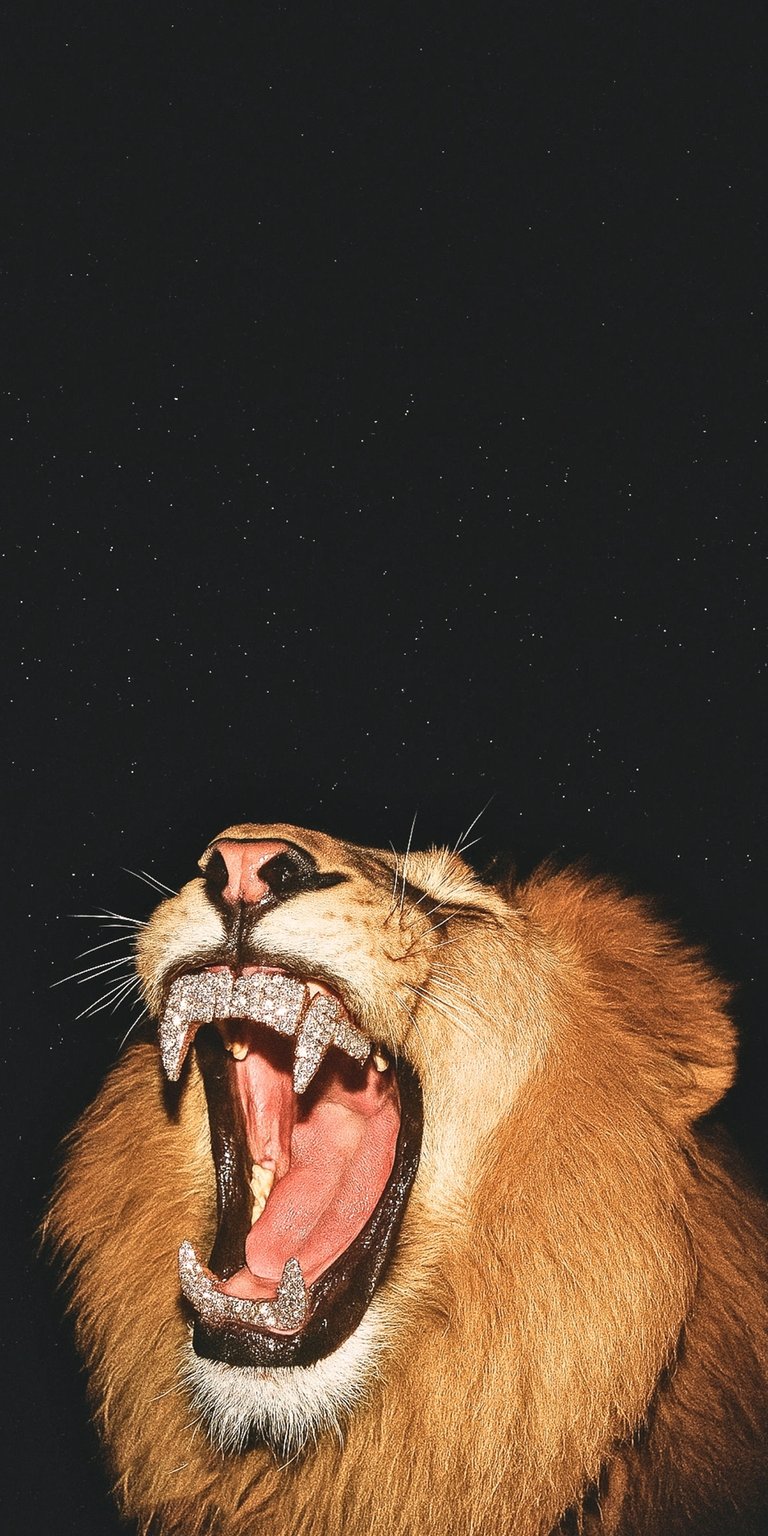 Download this stunning lion wallpaper in 4K for your iPhone, featuring a roaring lion with diamond-encrusted teeth against a starry night backdrop.  This fierce wallpaper showcases both luxury and raw power.