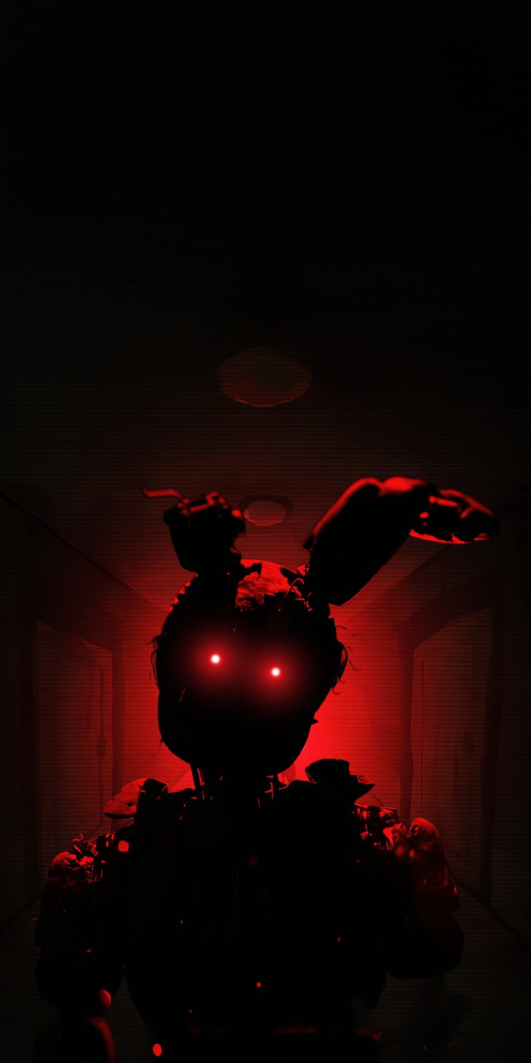 A terrifying 4K wallpaper featuring the mutilated and iconic animatronic Springtrap (also known as the Yellow Rabbit) from Five Nights at Freddy's (FNAF). The image is bathed in a dramatic red glow, showcasing the decayed details of the suit and its horrifying nature. This is a must-have for extreme fans of FNAF, horror games, and the menacing character of Springtrap.