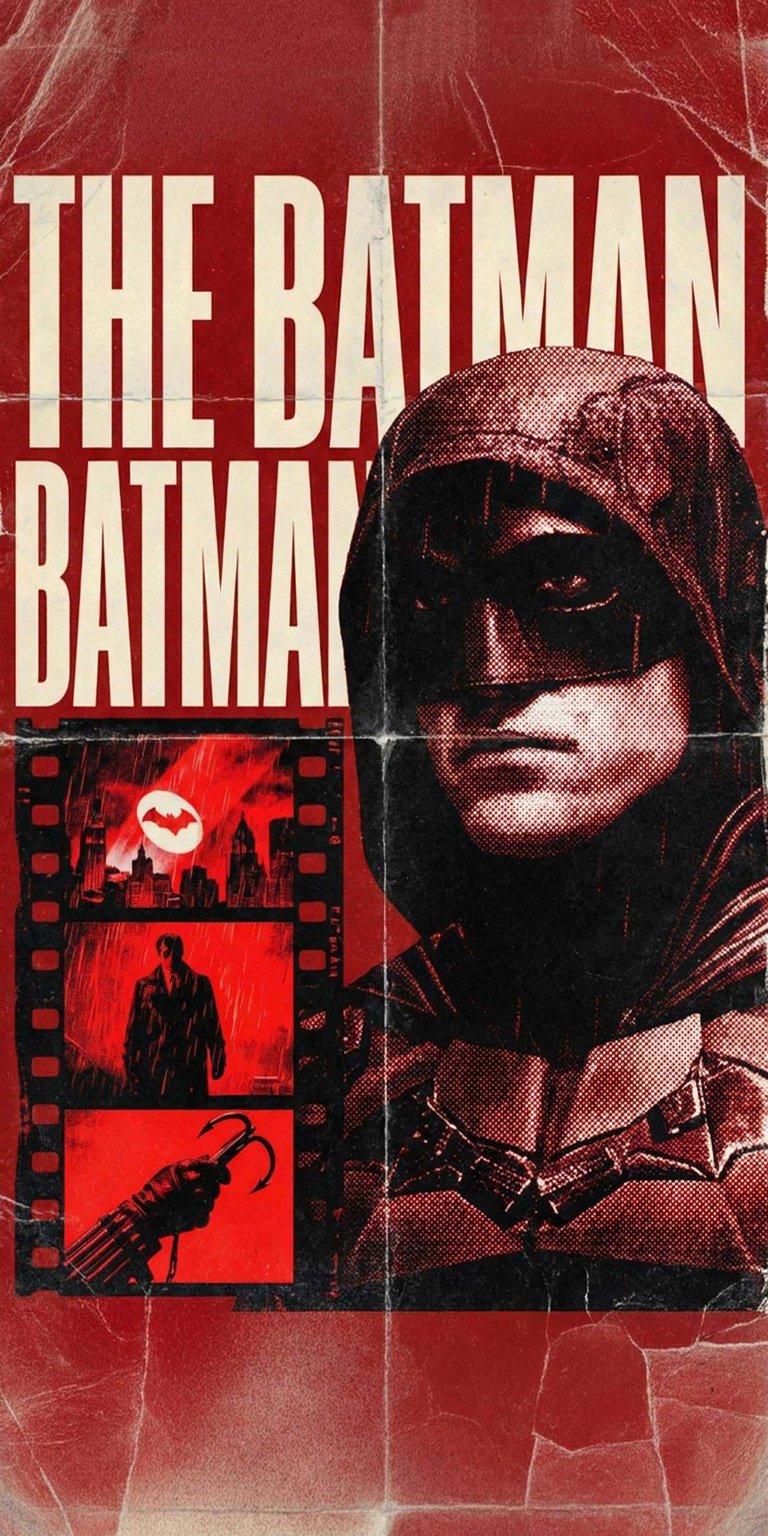 Immerse yourself in the gritty, neo-noir atmosphere of Gotham with this striking 4K wallpaper inspired by Matt Reeves' film, The Batman (2022). This distressed, poster-style design prominently features Robert Pattinson as the masked vigilante in a dark, moody cowl, against a background of bold, red typography. The film strip elements showcase key imagery, including the Gotham skyline and a distinct weapon/hook. This intense, monochromatic red aesthetic is perfect for fans of the dark, detective-focused take on the DC hero.