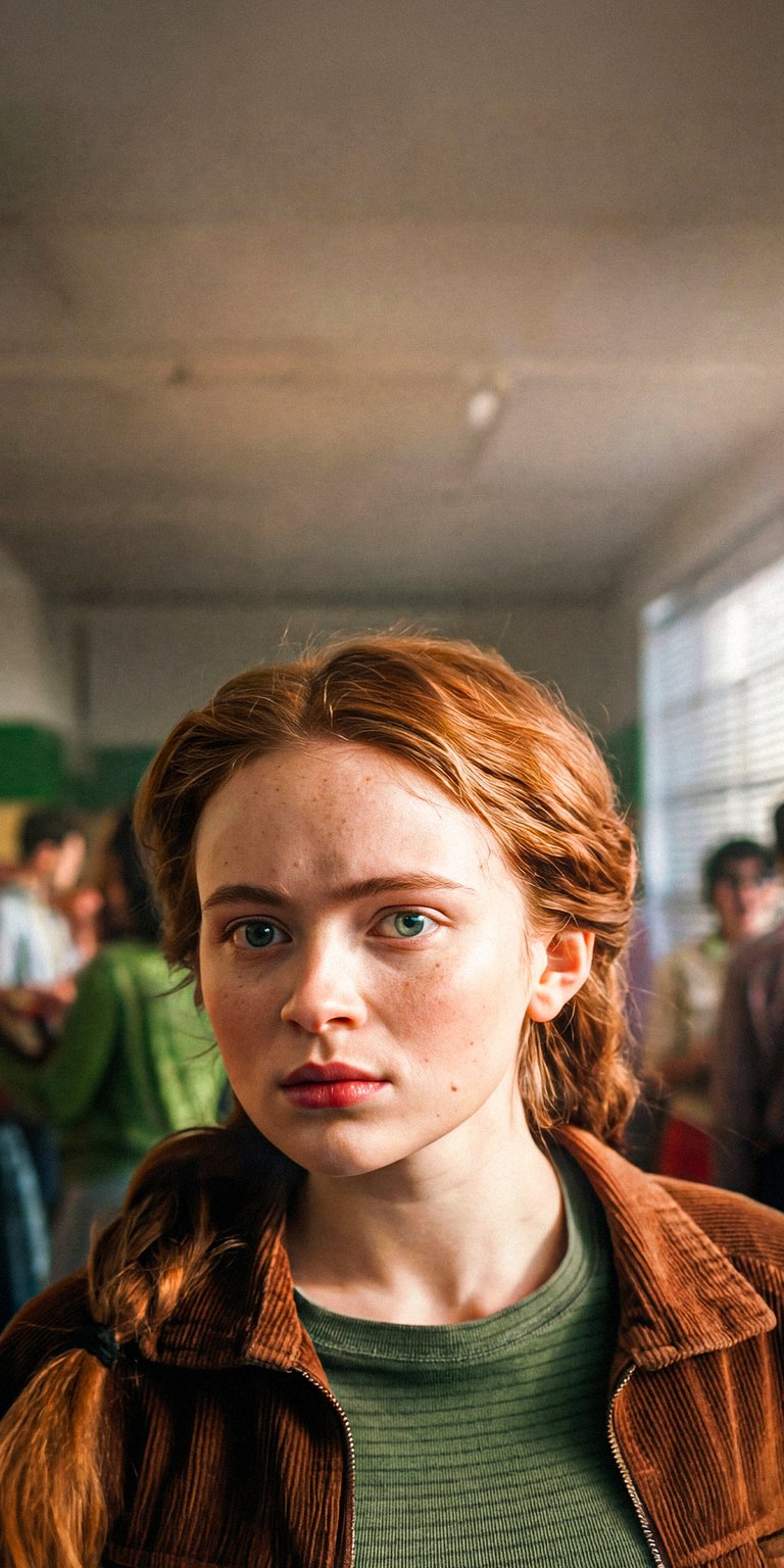 Download this stunning Sadie Sink wallpaper in 4K for your iPhone, showcasing her freckled face, light blue eyes, and red hair braided down her back. This wallpaper captures Sadie's captivating gaze and vintage corduroy jacket.