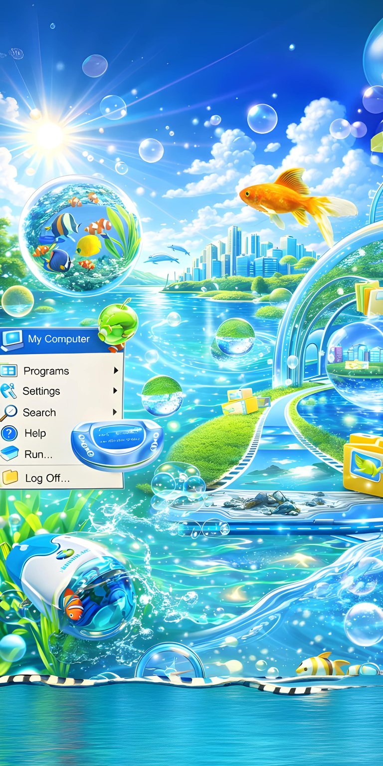 Dive into nostalgia with this Windows XP themed 4K wallpaper, perfect for your iPhone. The stunning image features bubbles, a goldfish, and a classic Windows start menu, all set against a vibrant aquatic cityscape, making it a unique wallpaper choice.