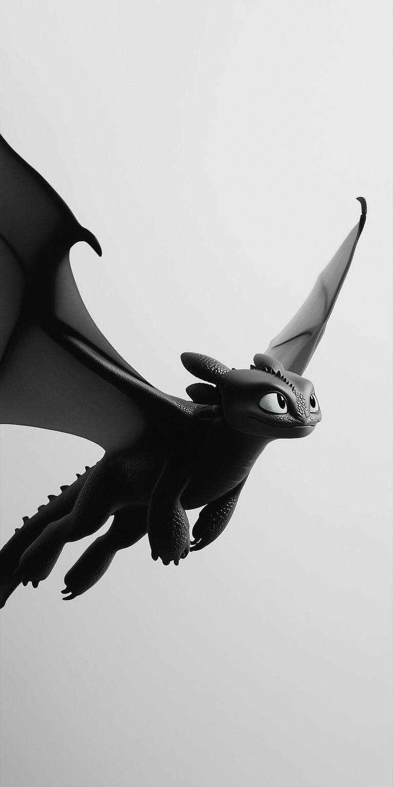 A stunning, high-contrast monochrome wallpaper featuring Toothless, the iconic Night Fury from "How To Train Your Dragon." The image captures the sleek, aerodynamic grace of the dragon in mid-flight against a clean, minimalist background, highlighting his textured scales and intense gaze. Perfect for fans of the DreamWorks franchise seeking a sophisticated, cinematic look.