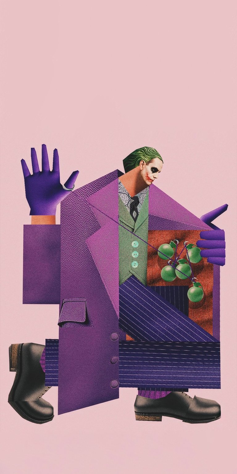 Download this Joker wallpaper in stunning 4K for your iPhone, showcasing a geometric art style. This wallpaper features a purple suit, green bombs, and detached limbs.