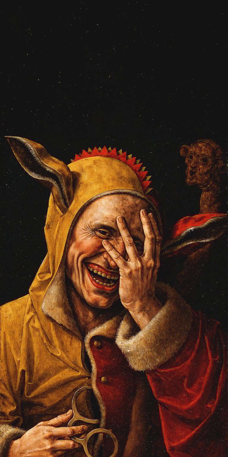 Download this laughing fool 4K wallpaper for your iPhone today, showcasing a man in a yellow hooded outfit. A bear figurine sits in the background, while the man covers one eye and clutches spectacles.