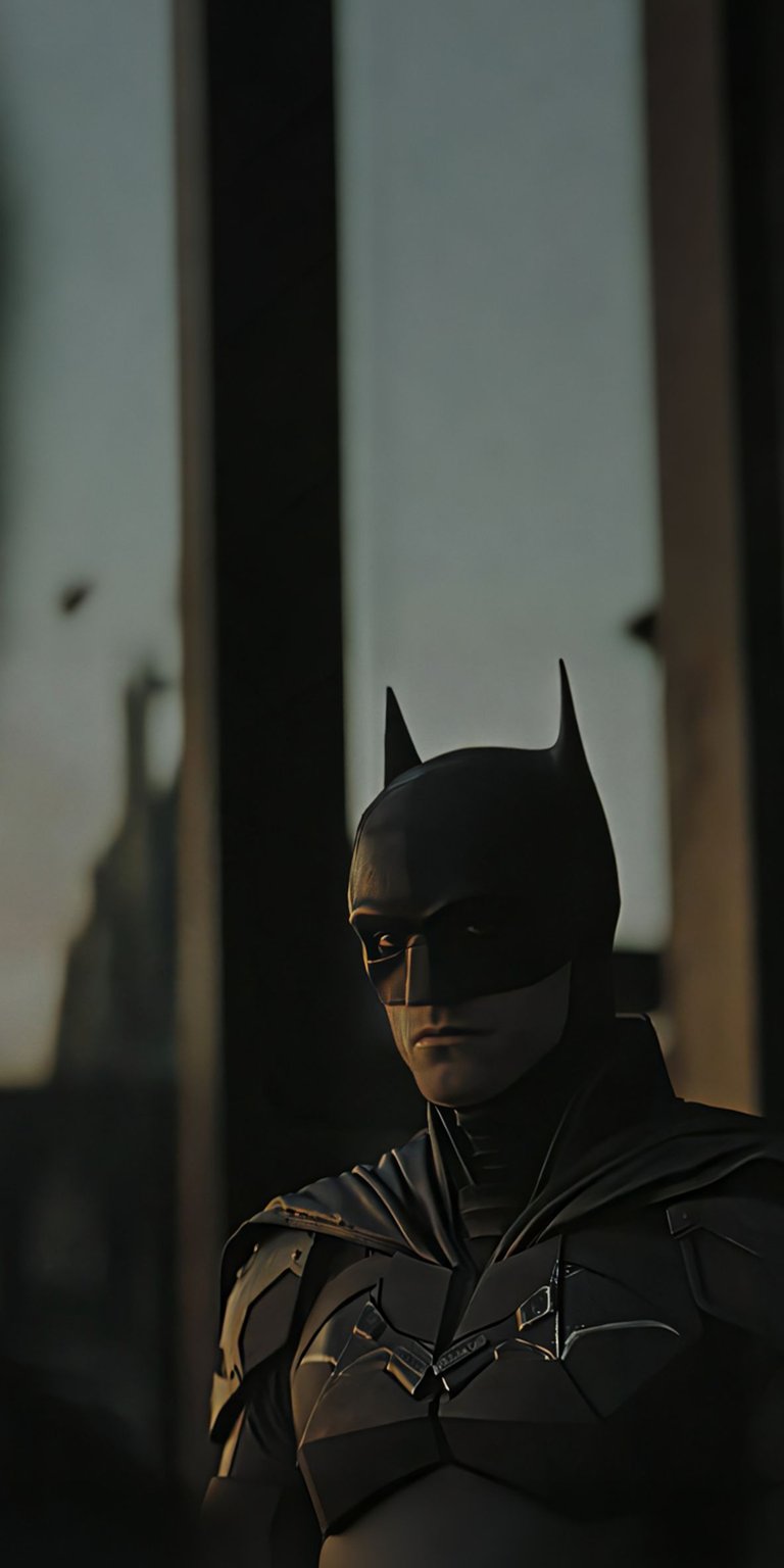 A detailed, cinematic shot focusing on the cowl and high-collar cape design of the 2022 Batman suit. This wallpaper highlights the leather-like texture and grounded realism of the Batsuit, set against the rainy, hazy backdrop of Gotham’s skyline.