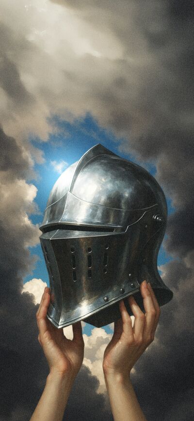 This Knight themed 4K wallpaper features a helmet being raised to the sky by outstretched arms, and a rose being held in a gauntlet. This 'matching' wallpaper can be shared with a friend on iPhone to create a continuous image.