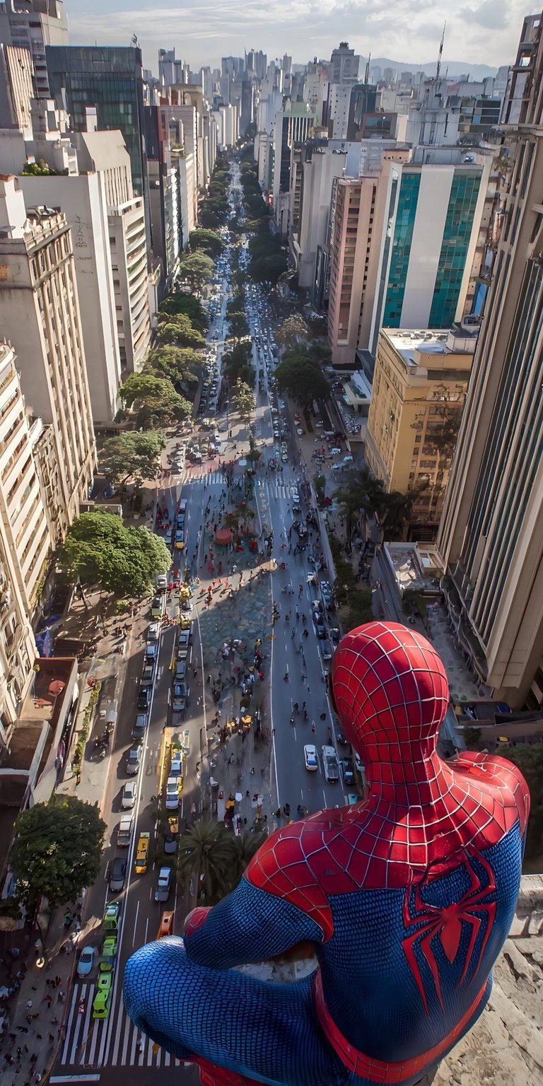 Download this Spider-Man wallpaper in 4K resolution for your iPhone today. This stunning wallpaper shows Spider-Man perched high above the city, overlooking the busy streets and towering buildings under a partly cloudy sky.