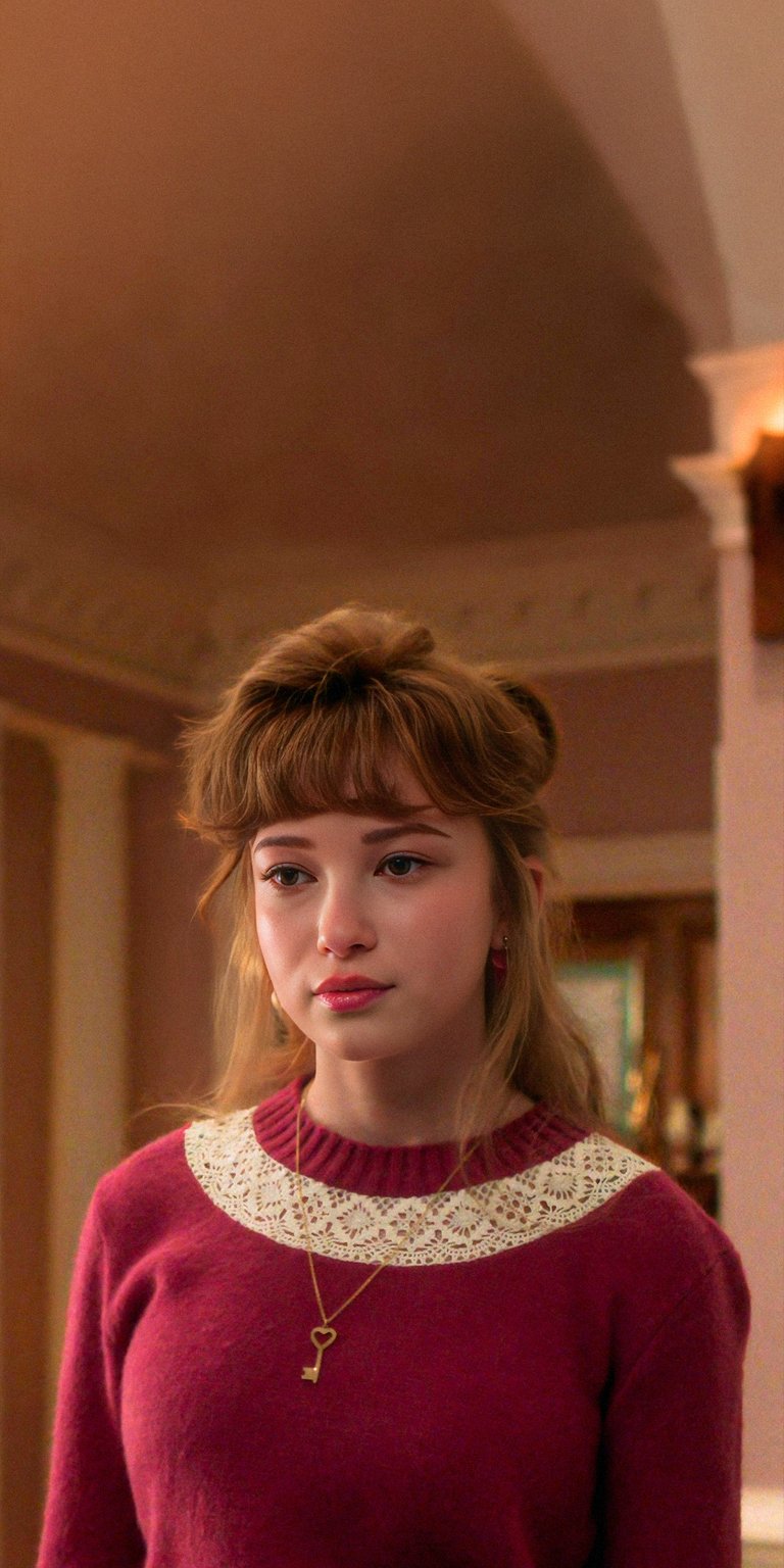 Download this aesthetic 4K wallpaper featuring Tina Turnbow (played by Caroline Elle Abrams) from Stranger Things Season 5. She is pictured wearing a burgundy sweater with a delicate white lace collar and a gold key necklace, capturing a vintage coquette look.