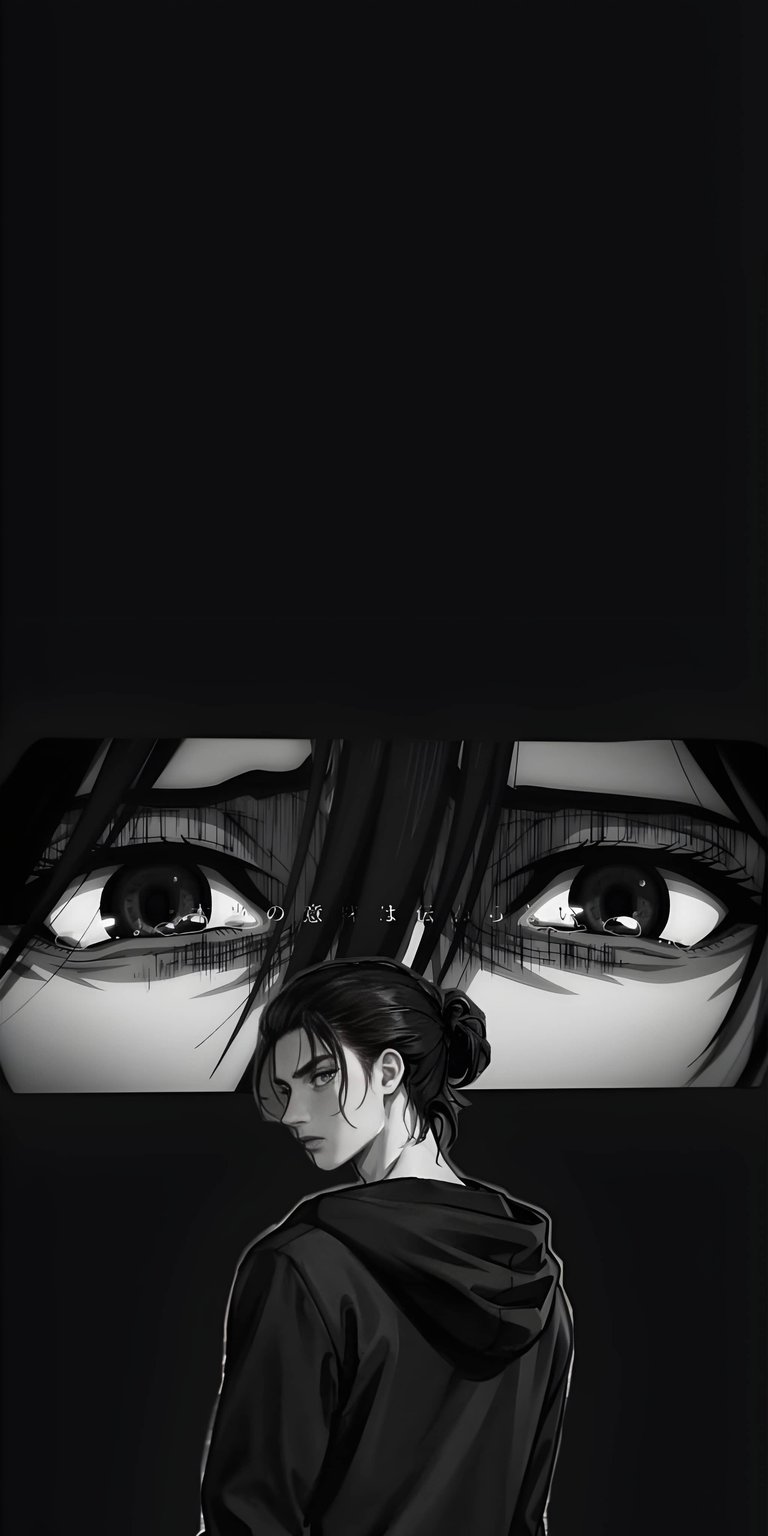 Get this Eren Yeager wallpaper for your iPhone, showcasing striking 4K resolution. This wallpaper features intense eyes and a monochromatic color palette, with Eren depicted in a hoodie with his hair in a bun.