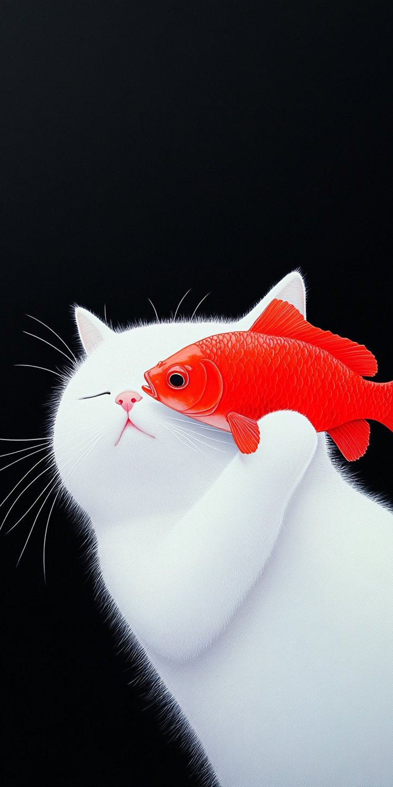 White cat holding a red fish 4k wallpaper iPhone