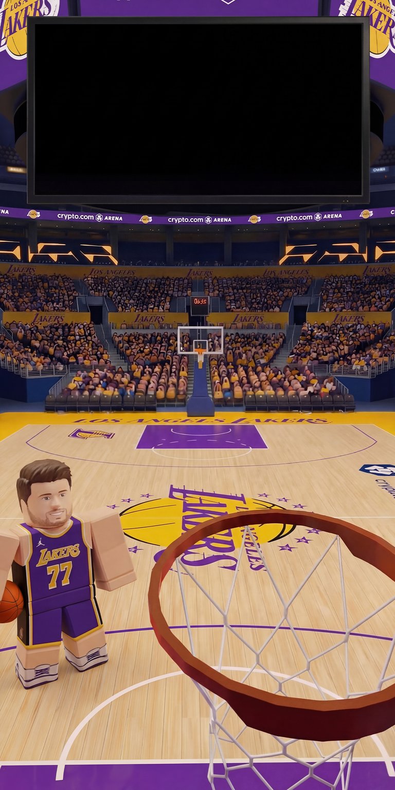 Download this stunning Luka Doncic 4K wallpaper for your iPhone today! This wallpaper features a blocky version of Luka Doncic on the court, with a view of the packed stands and jumbotron in the background.