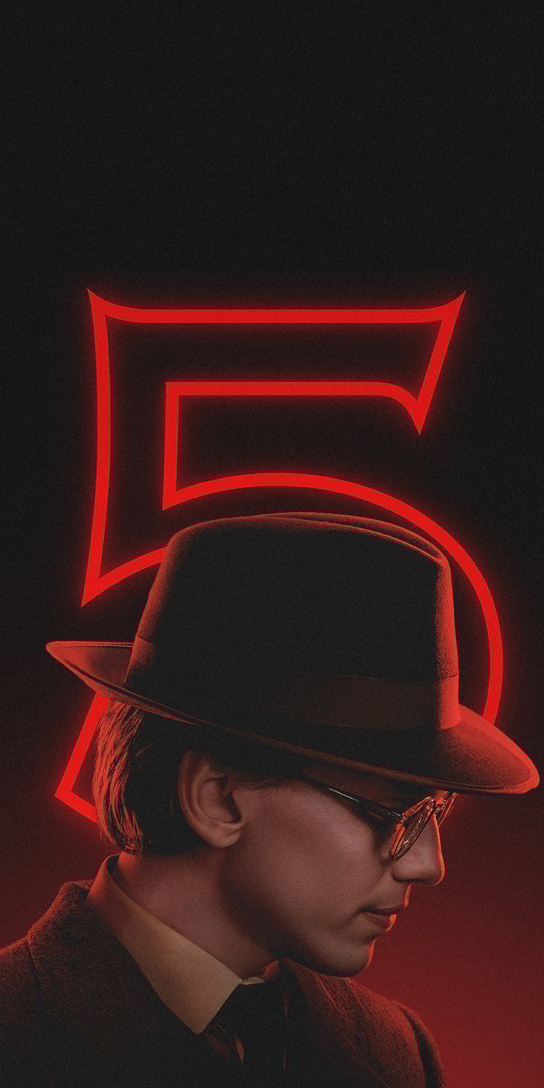 An extremely focused 4K portrait Henry Whatson in his dramatic, retro-styled Season 5 art, wearing a hat and glasses, illuminated by the neon red '5'. This detailed profile is an intense, high-impact background for Stranger Things fans.