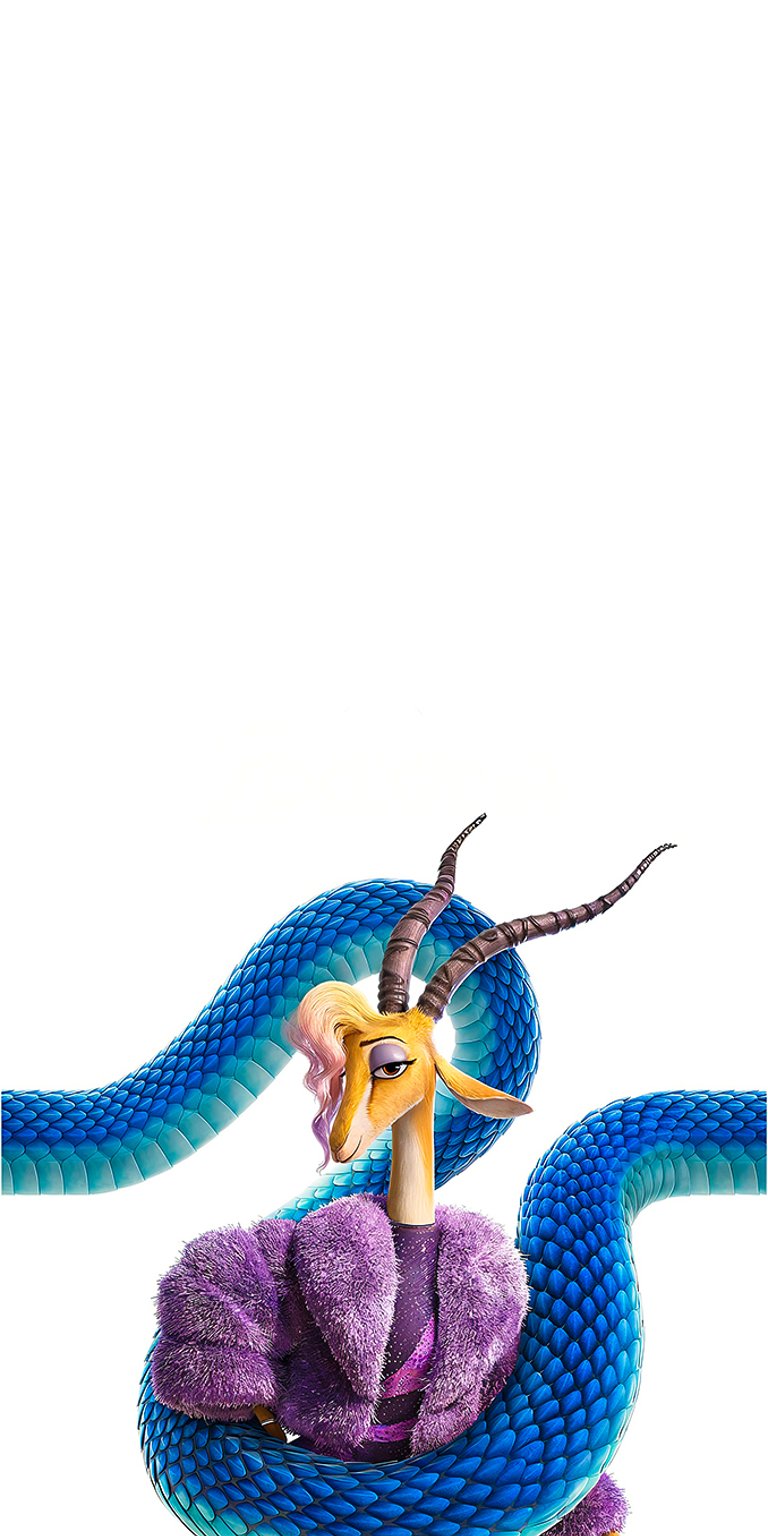 Gazelle, the beloved pop superstar of Zootopia (voiced by Shakira), is dramatically wrapped in the coils of the mysterious blue snake Gary De'Snake in this character poster for Zootopia 2. This striking image is perfect for fans of the Disney movie, music themes, and those seeking a bold, high-contrast home screen. Works beautifully on iPhone, Android, and AMOLED displays.
