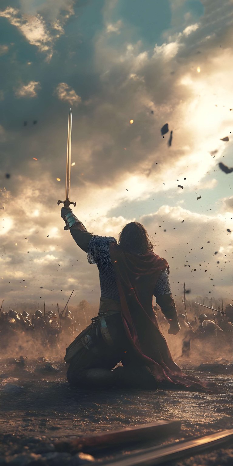 This 4K Aesthetic wallpapers feature showcases a cinematic warrior kneeling on a battlefield for your iPhone. The wallpaper captures a dramatic sunset with warm golden lighting and swirling embers.