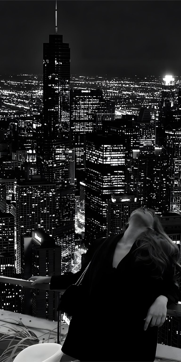 Girl with Night City view black and white wallpaper iPhone 4K