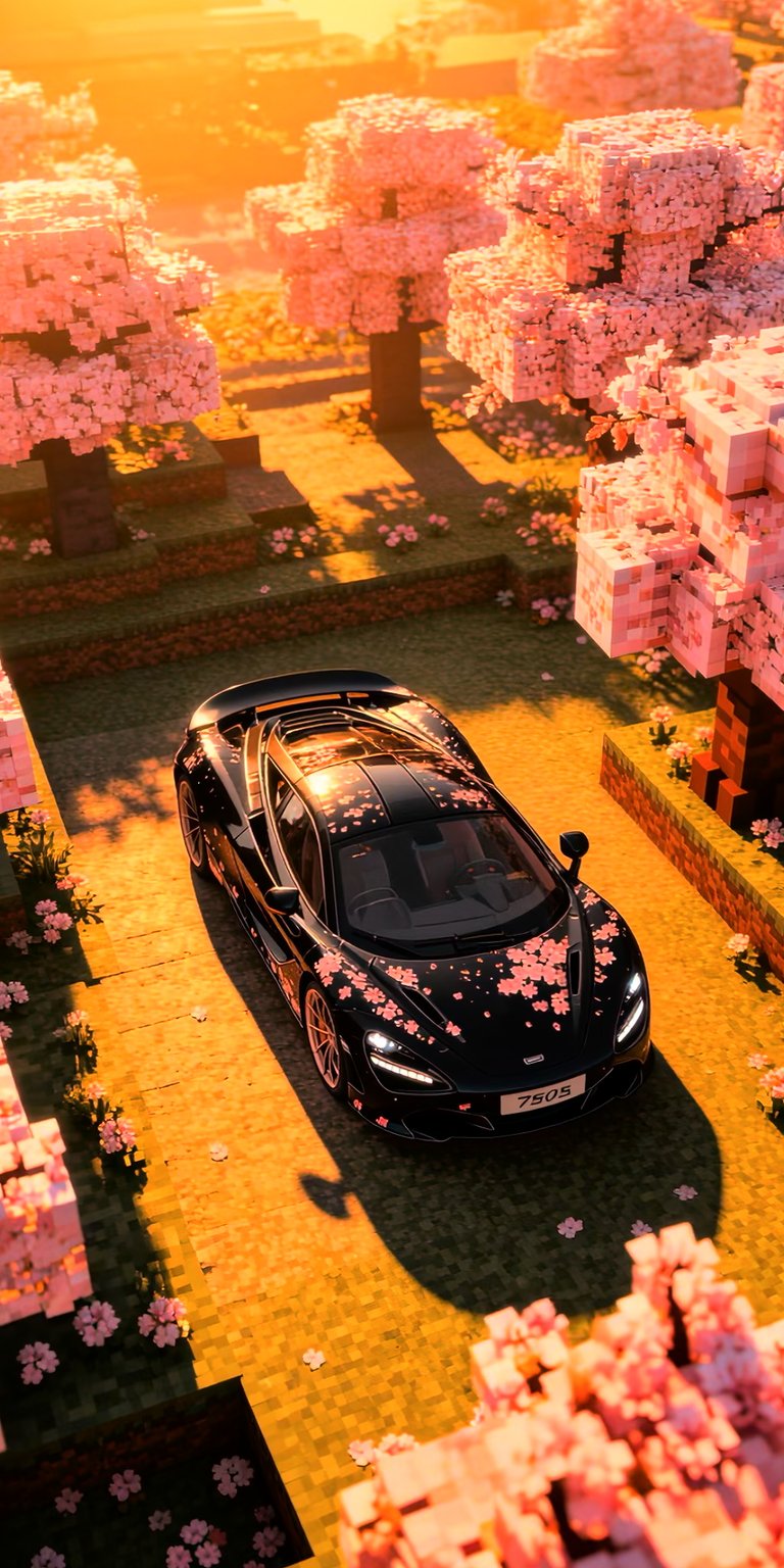 A top-down perspective of a McLaren 750S parked in a lush, blocky forest of cherry blossoms. The vibrant pink leaves of the "Sakura" trees contrast beautifully with the car's dark finish and the soft, orange sunlight filtering through the voxel canopy.