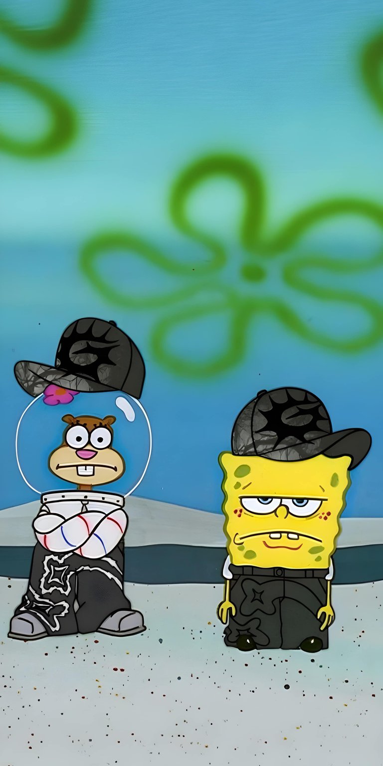 Elevate your phone with this unique Spongebob and Sandy 3D wallpaper featuring a trendy black streetwear aesthetic. This cartoon wallpaper blends Bikini Bottom favorites with modern hypebeast style for a fresh, high-resolution mobile look.