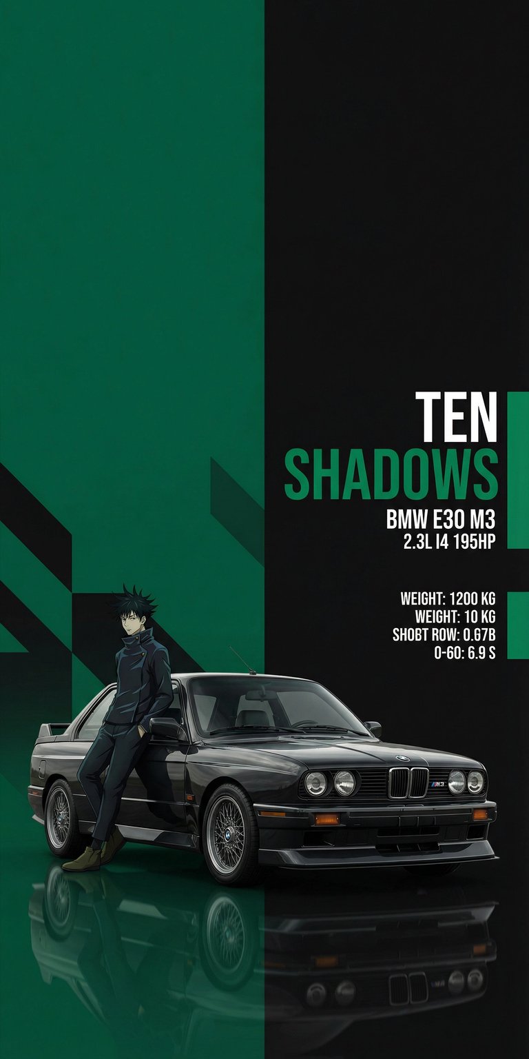 Grab this Megumi Fushiguro 4K wallpaper for your iPhone, featuring a sleek black BMW E30 M3. This wallpaper boasts green and black background elements, plus a reflective surface beneath the car.
