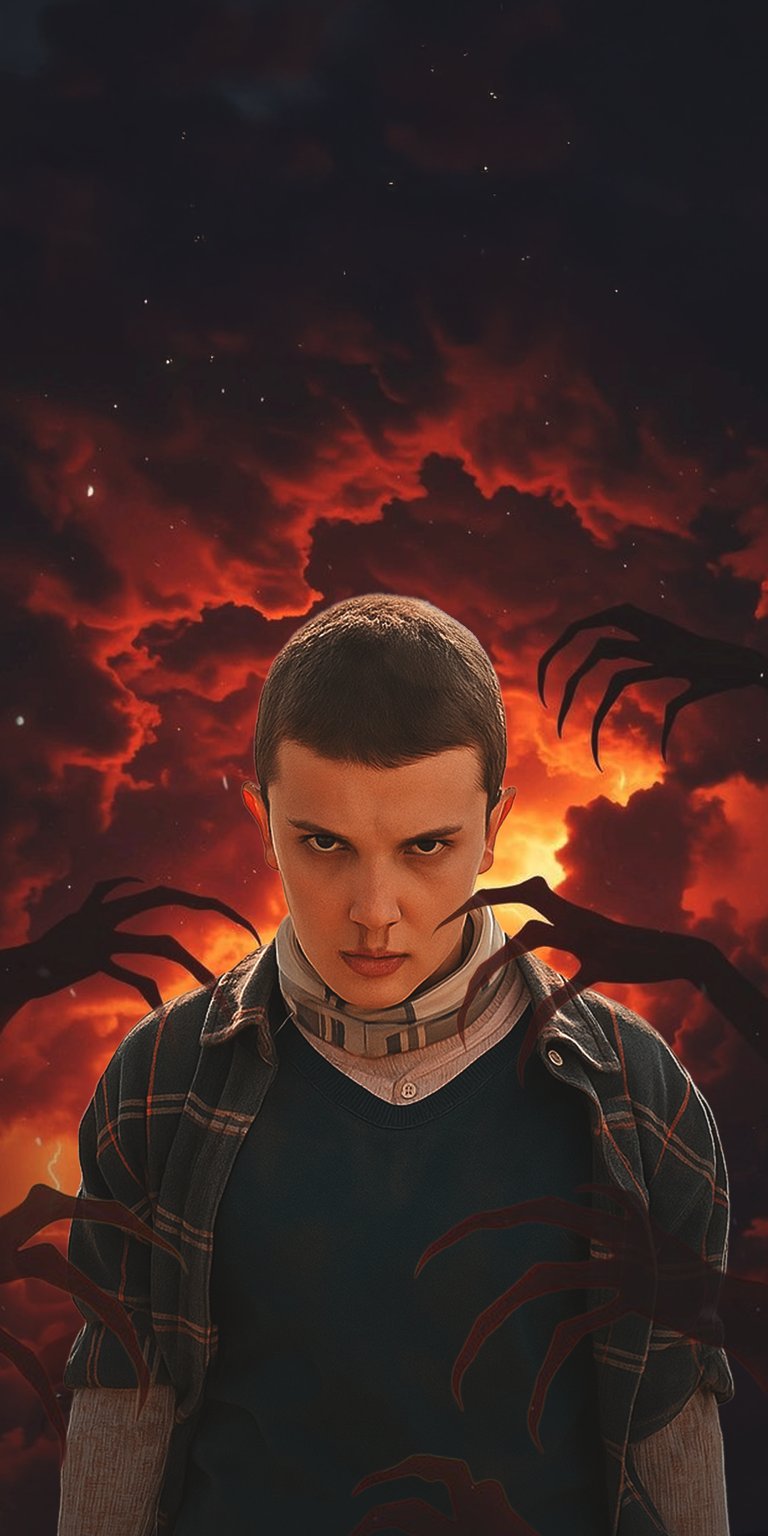 Download this incredible Eleven 4K wallpaper for your iPhone! This wallpaper features the character surrounded by dark, silhouetted hands with a backdrop of fiery red clouds.