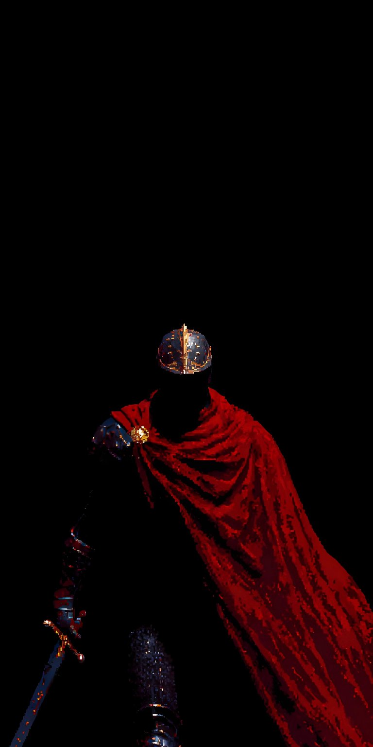 Download this striking Knight wallpaper in 4K, perfect for your iPhone. The image features a knight with a detailed helm, flowing red cape, and a visible sword.