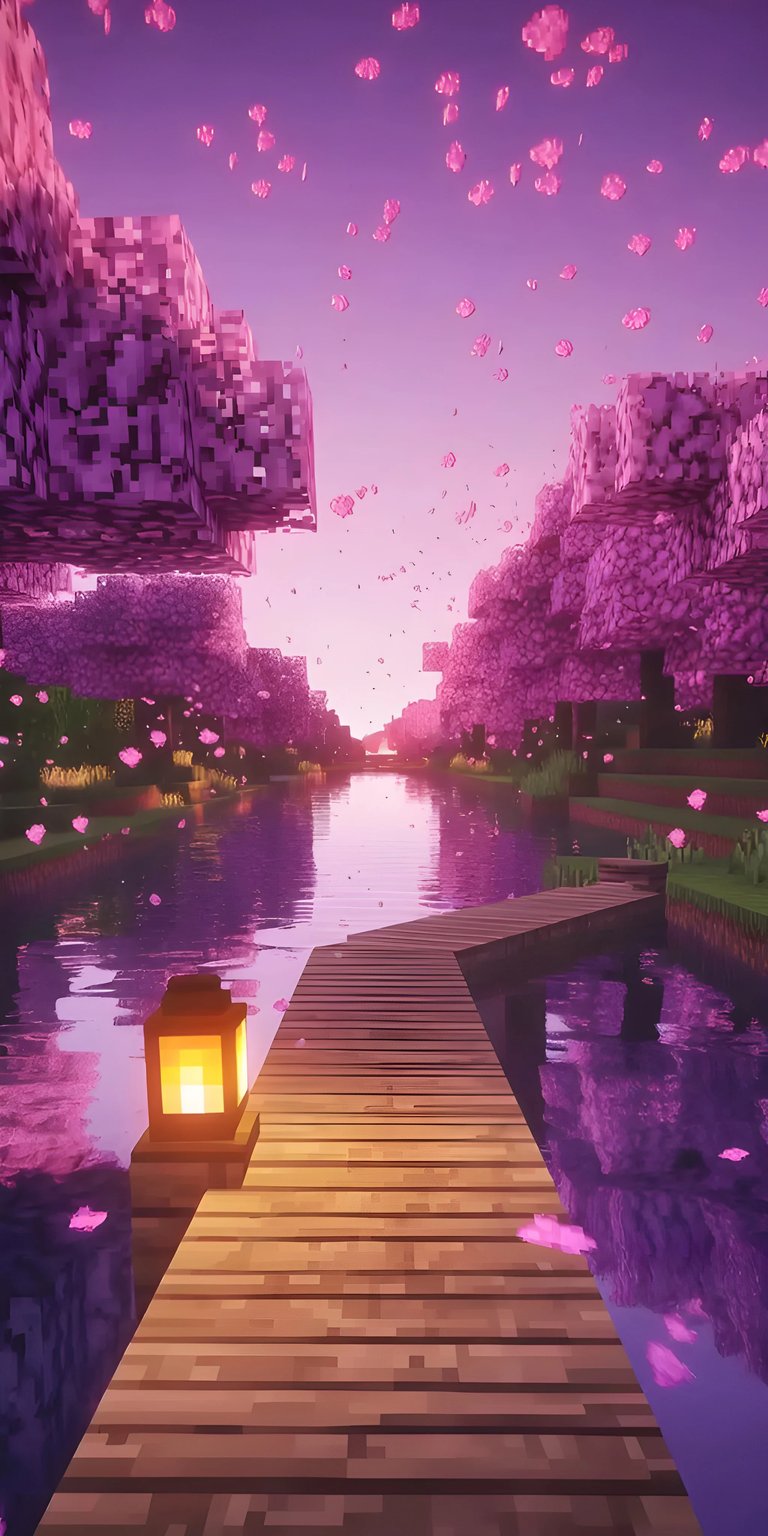Immerse yourself in this beautiful Minecraft 4K wallpaper, perfect for your iPhone, showcasing a tranquil river lined with pixelated sakura trees. A warm glow emanates from the lantern on the wooden dock as cherry blossom petals gently fall.