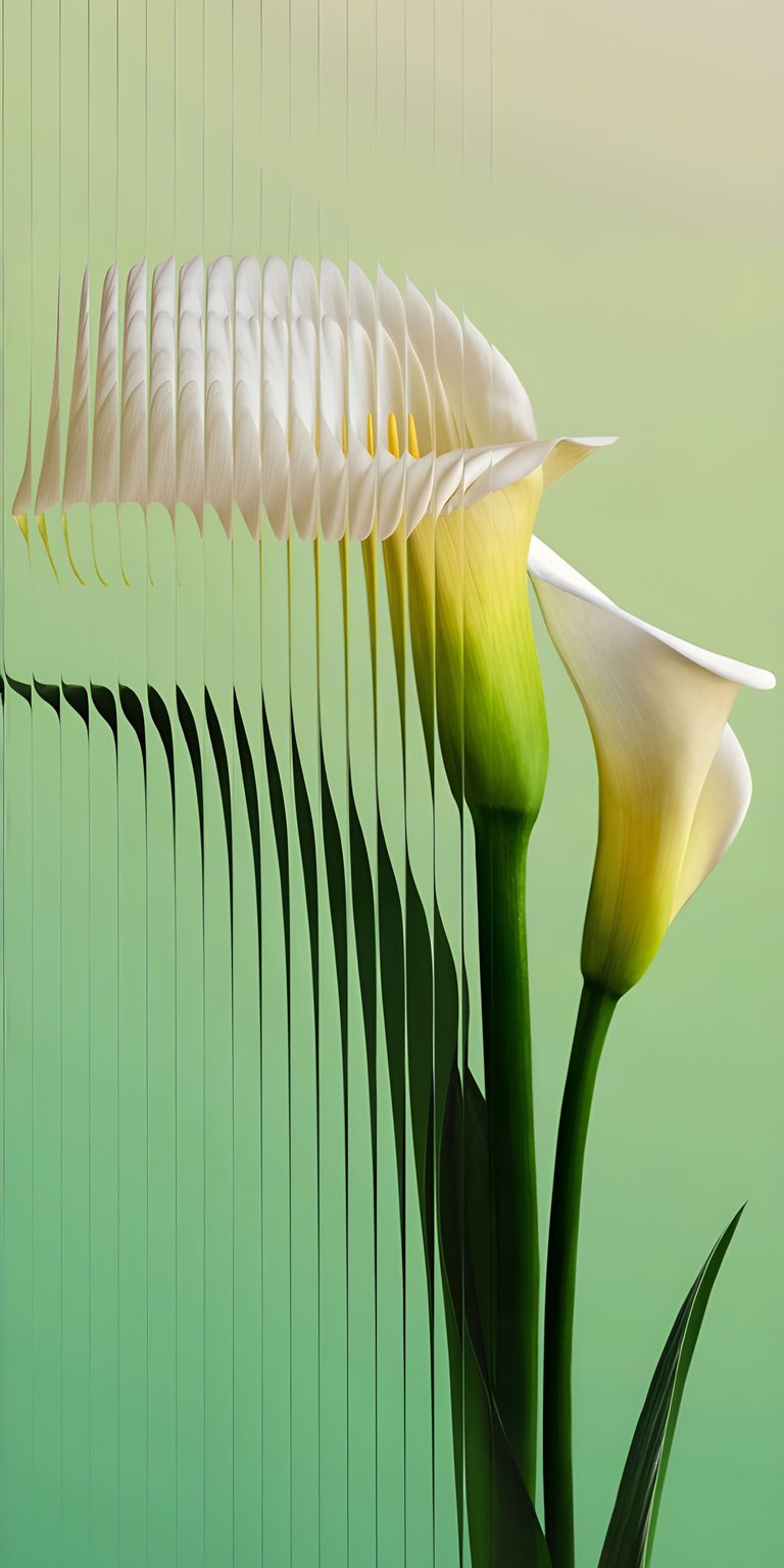 This aesthetic wallpaper features elegant white calla lilies viewed through a unique vertical glass distortion effect. The high-quality 4K background for iPhone highlights soft green gradients and sharp floral details for a modern, clean look.