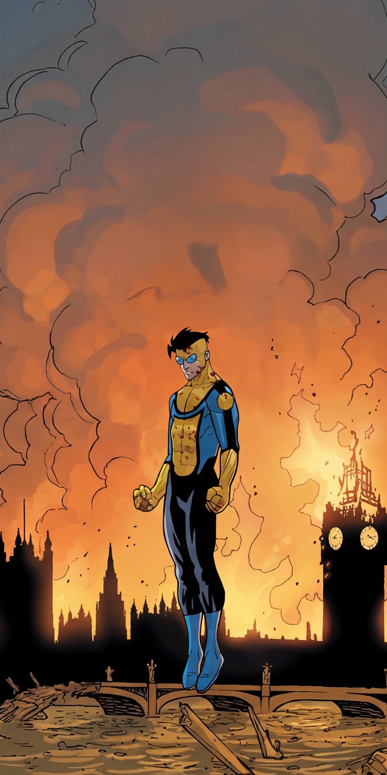 is 4K wallpaper features Mark Grayson from Invincible hovering over a burning London skyline, optimized for iPhone displays. The aesthetic wallpapers style captures the intense orange glow of the fire contrasting against the dark silhouette of the city and the hero's blue suit.
