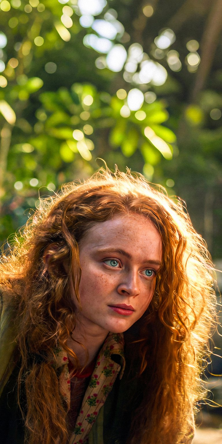 Download this vibrant Sadie Sink 4K wallpaper for your iPhone, showcasing her striking blue eyes and fiery red hair. This wallpaper captures her subtle freckles and the lush bokeh of the surrounding greenery.