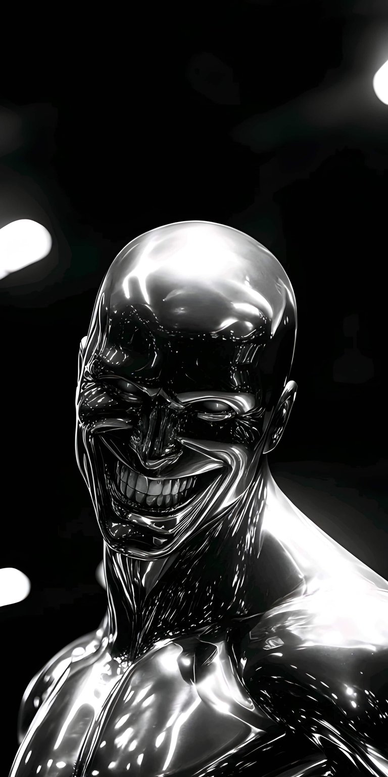 This 3D wallpaper features a high-gloss, metallic Silver Surfer with a striking reflective finish. It is a perfect OLED wallpaper for any iPhone seeking a bold, chrome look.