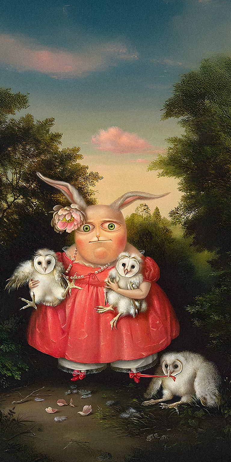 Bunny holding multiple owls funny art Meme iPhone 4K Wallpaper