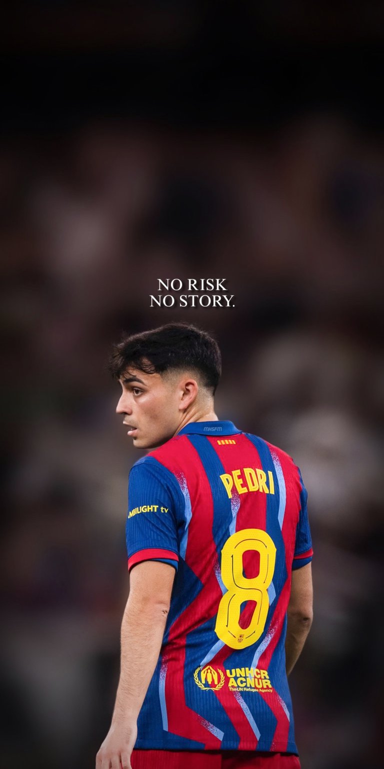 Get this incredible Pedri 4K wallpaper for your iPhone, showcasing his iconic number 8 jersey. The red and blue stripes, along with the "No Risk, No Story" text, make this wallpaper a must-have.