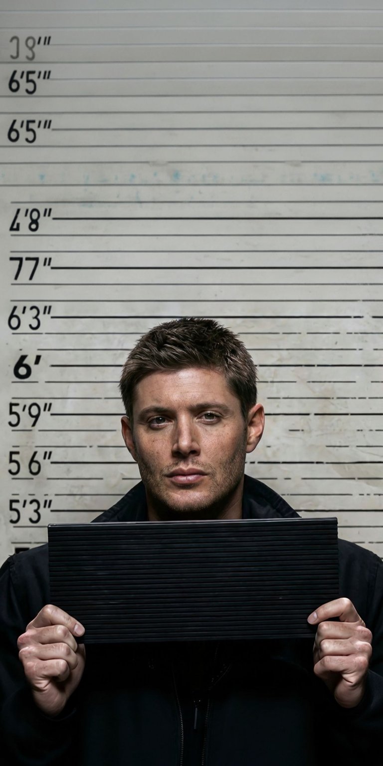 Download this stunning Jensen Ackles 4K wallpaper for your iPhone, featuring his mugshot against a height chart. This stylish wallpaper showcases his sharp features and intense gaze.