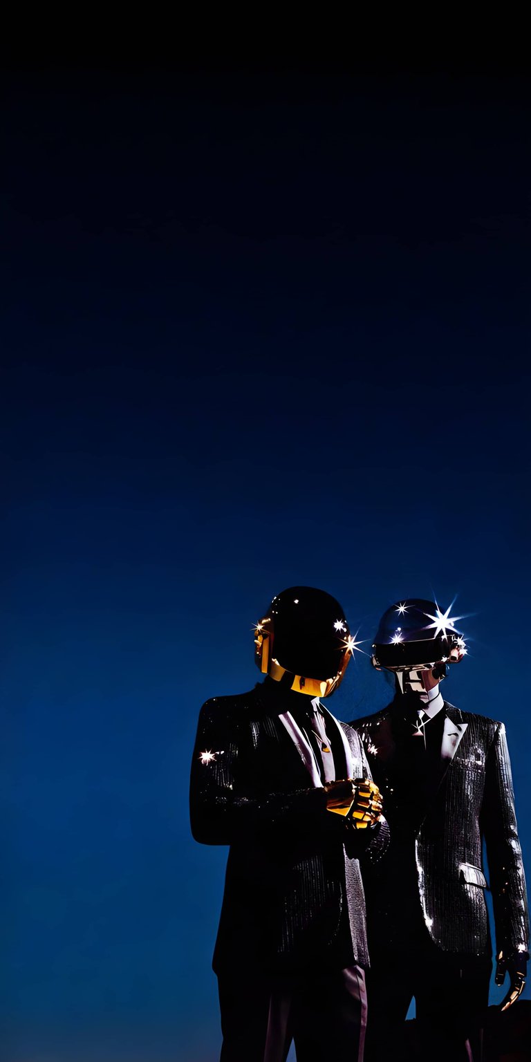 Get this Daft Punk 4K wallpaper for your iPhone; this wallpaper features the duo in black sequined suits against a deep blue background. The striking helmets catch the light, creating a mesmerizing visual.