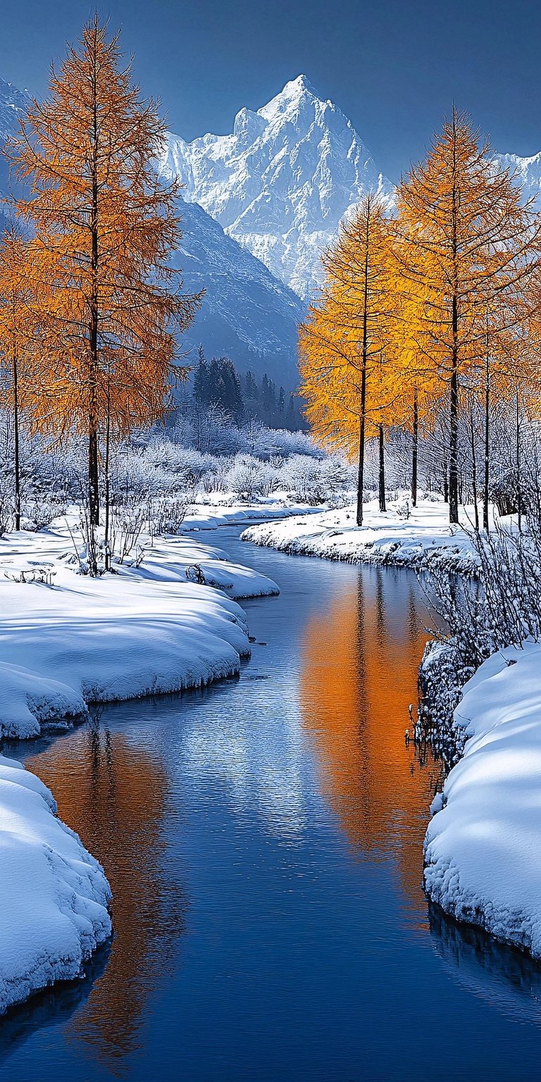 This beautiful winter trees wallpaper in 4K resolution is perfect for your iPhone. The image features a snow-covered landscape with golden trees and their reflections shimmering in the blue river beneath a backdrop of snowy mountains.