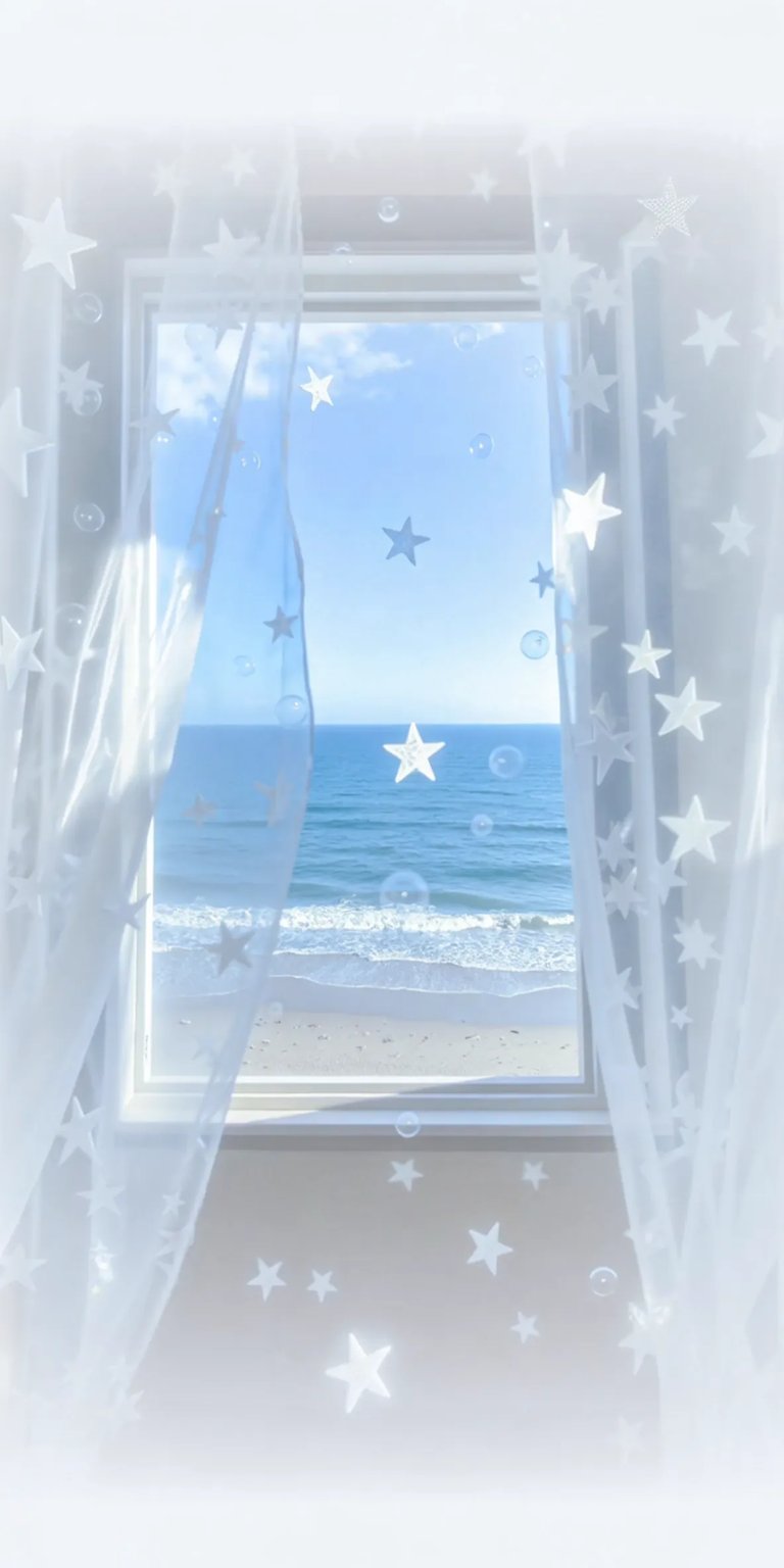 Window sheer white stars curtains ocean view iOS wallpaper HD