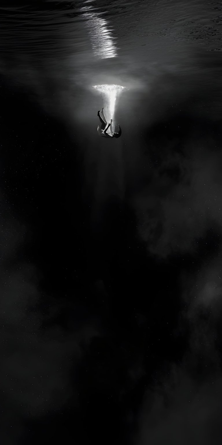 Download this stunning underwater woman 4K wallpaper for your iPhone, featuring a figure suspended beneath a bright, diffused light, surrounded by dark, cloud-like formations. This mesmerizing wallpaper captures a surreal, ethereal scene.