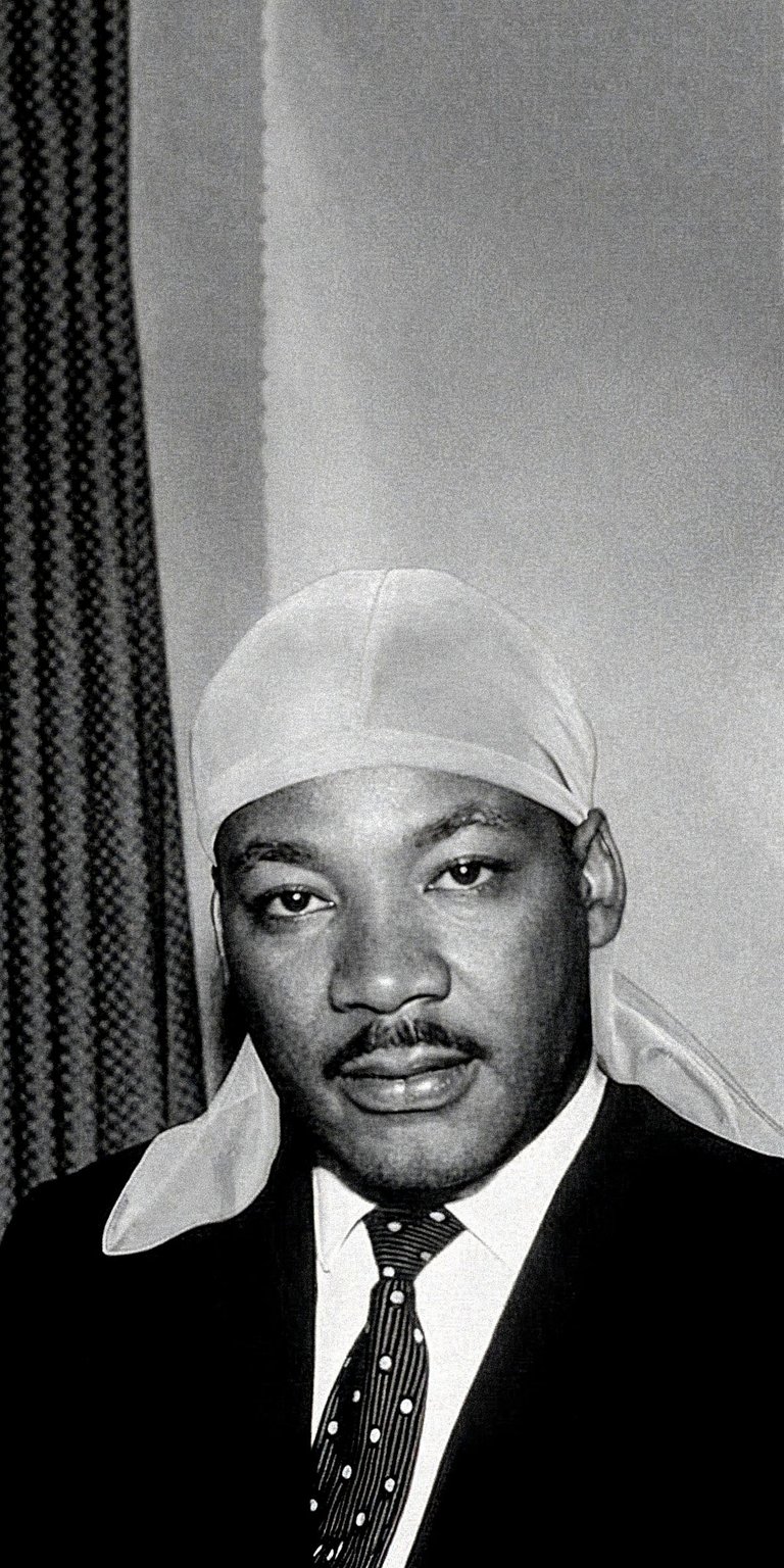 A contemporary black and white wallpaper featuring Martin Luther King Jr. wearing a durag. This unique aesthetic wallpaper blends historical figures with modern cultural style for iPhone.