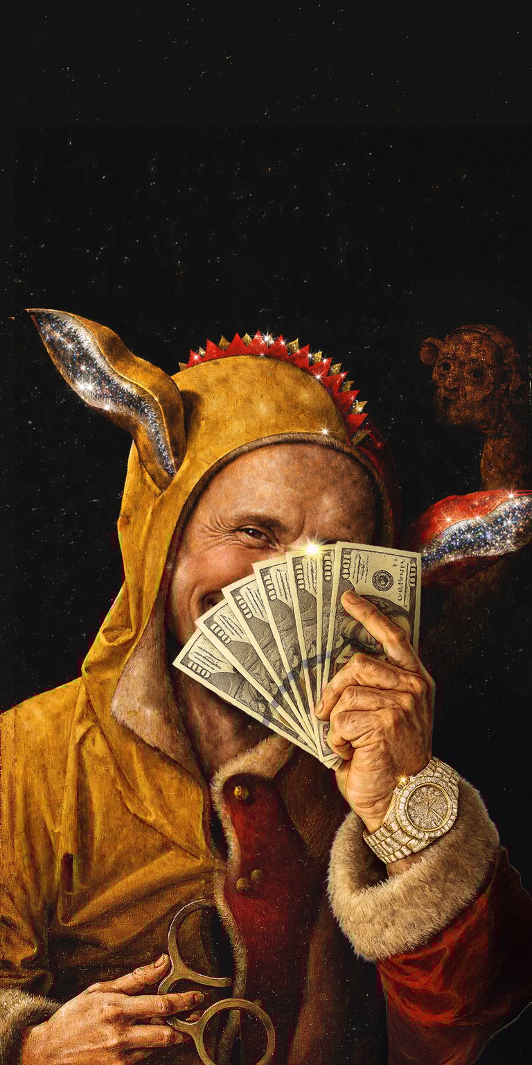 This high-quality 4K wallpaper features the rapper Logic in his iconic dragon hoodie holding a fan of cash. It is the perfect hip-hop inspired background for your iPhone, showcasing rich textures and a vibrant gold and red color palette.