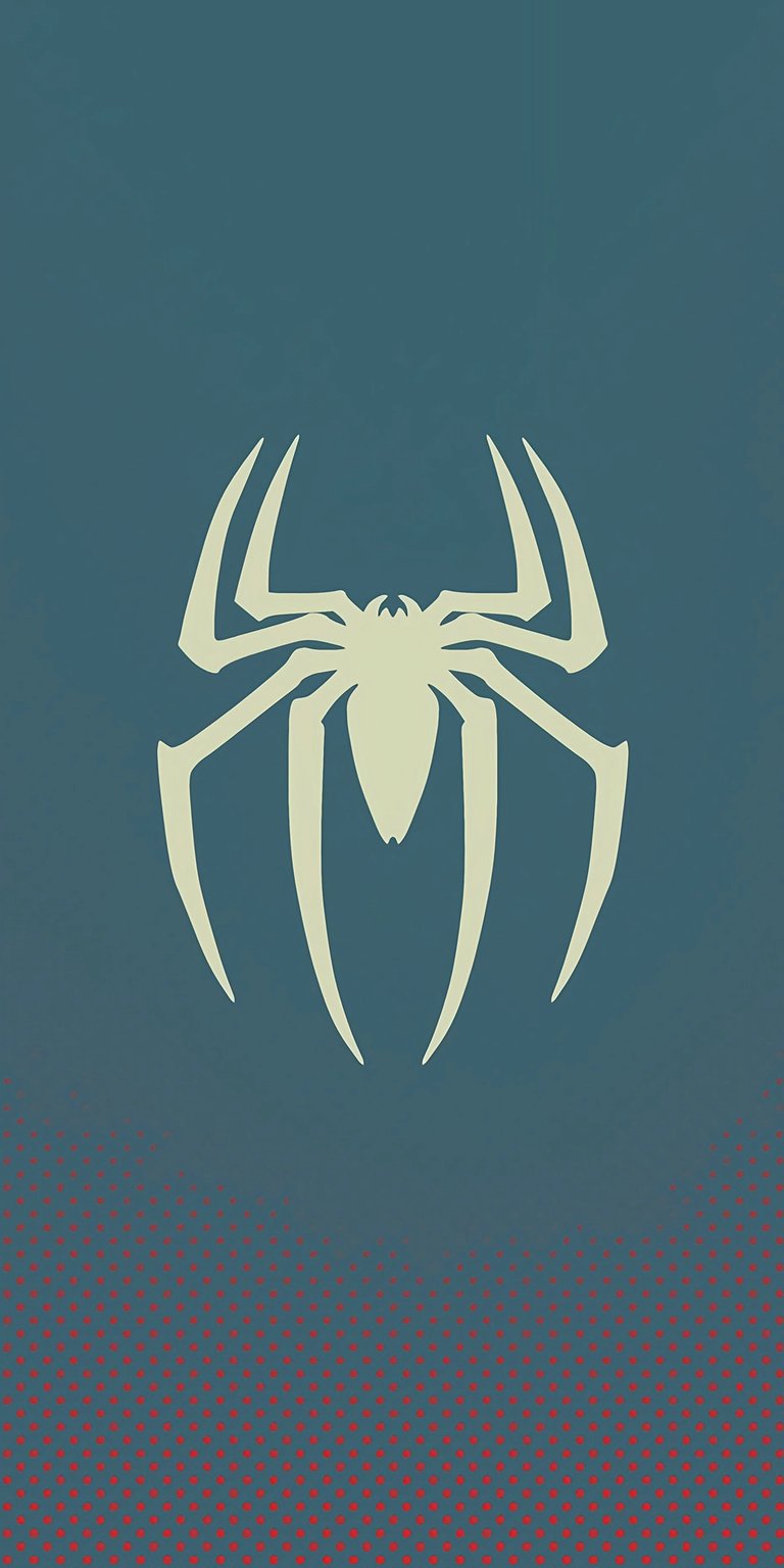 Elevate your iPhone with this stylish Spider-Man wallpaper in 4K. This wallpaper features a distinctive cream spider logo against a teal background, complemented by a dot gradient at the bottom.