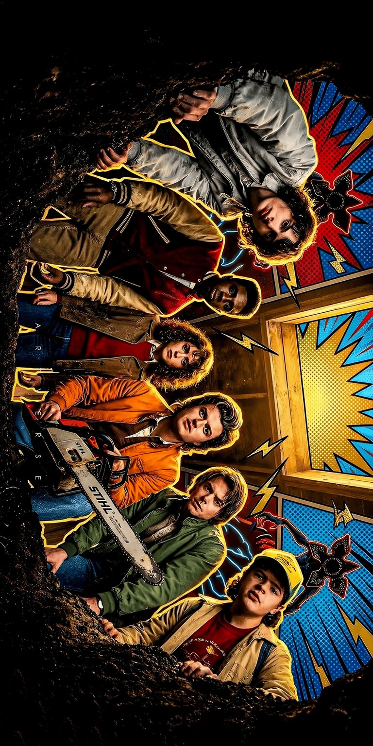 A vibrant, comic-book-inspired tribute to the original Hawkins crew. This wallpaper features the core cast including Mike, Dustin, Lucas, Will, and Max in a stylized, high-contrast action pose reminiscent of classic horror-adventure posters. Perfect for fans who love the nostalgic 80s aesthetic and the bond of the Party.