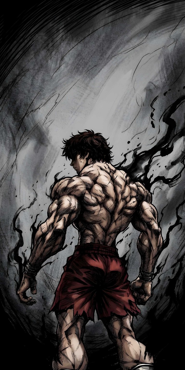 Baki Hanma 4K wallpaper showcasing his muscular back, red shorts, and intense dark brushstroke background. This wallpaper looks bold on iPhone and stands out among powerful aesthetic wallpapers with its high-contrast anime style.