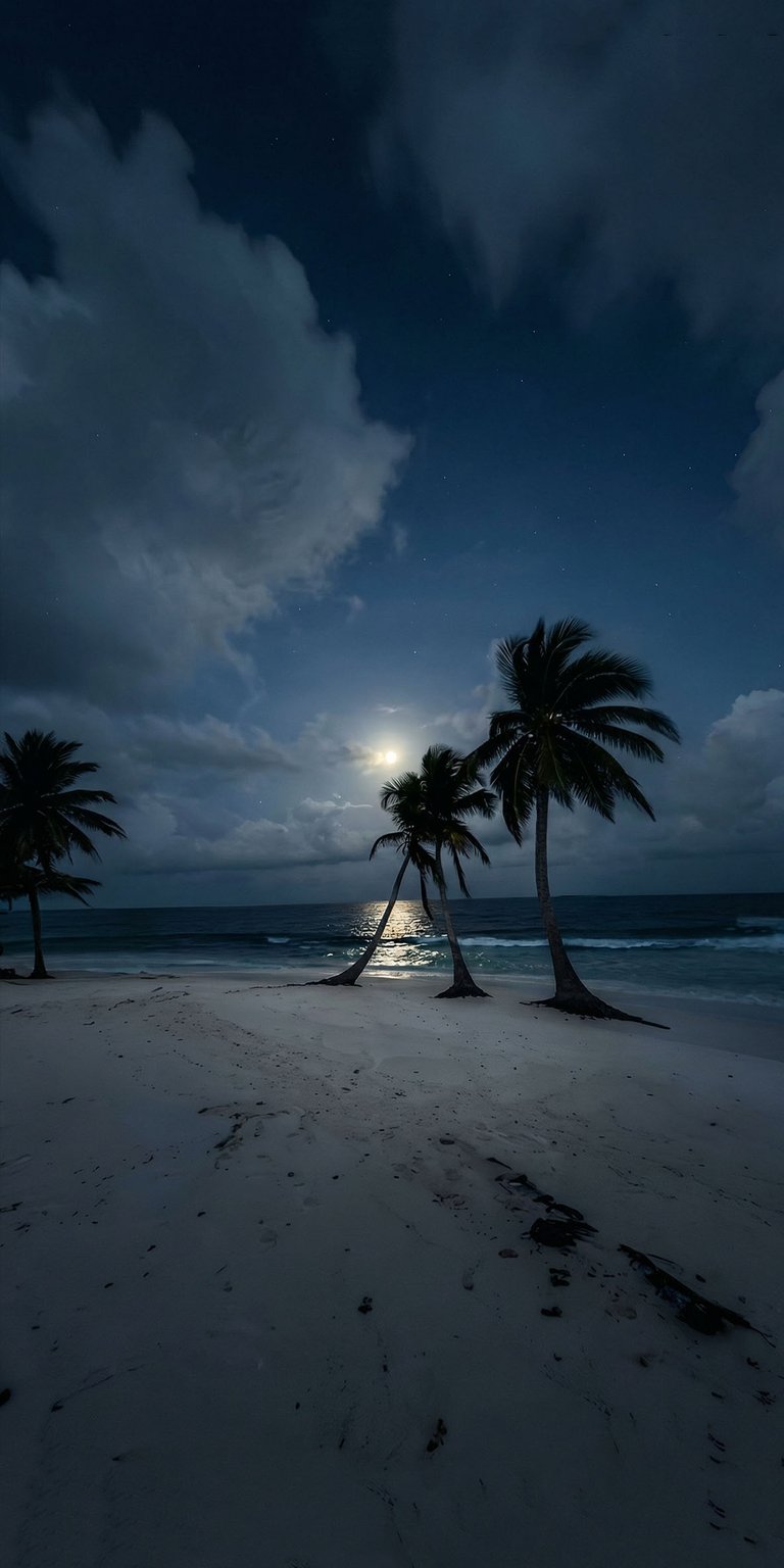 Relax with this 4K wallpaper of a serene tropical beach under a bright moonlit night sky with palm trees. This iPhone wallpaper uses high-resolution ocean waves and sand textures to create a calming nature scene for your mobile.