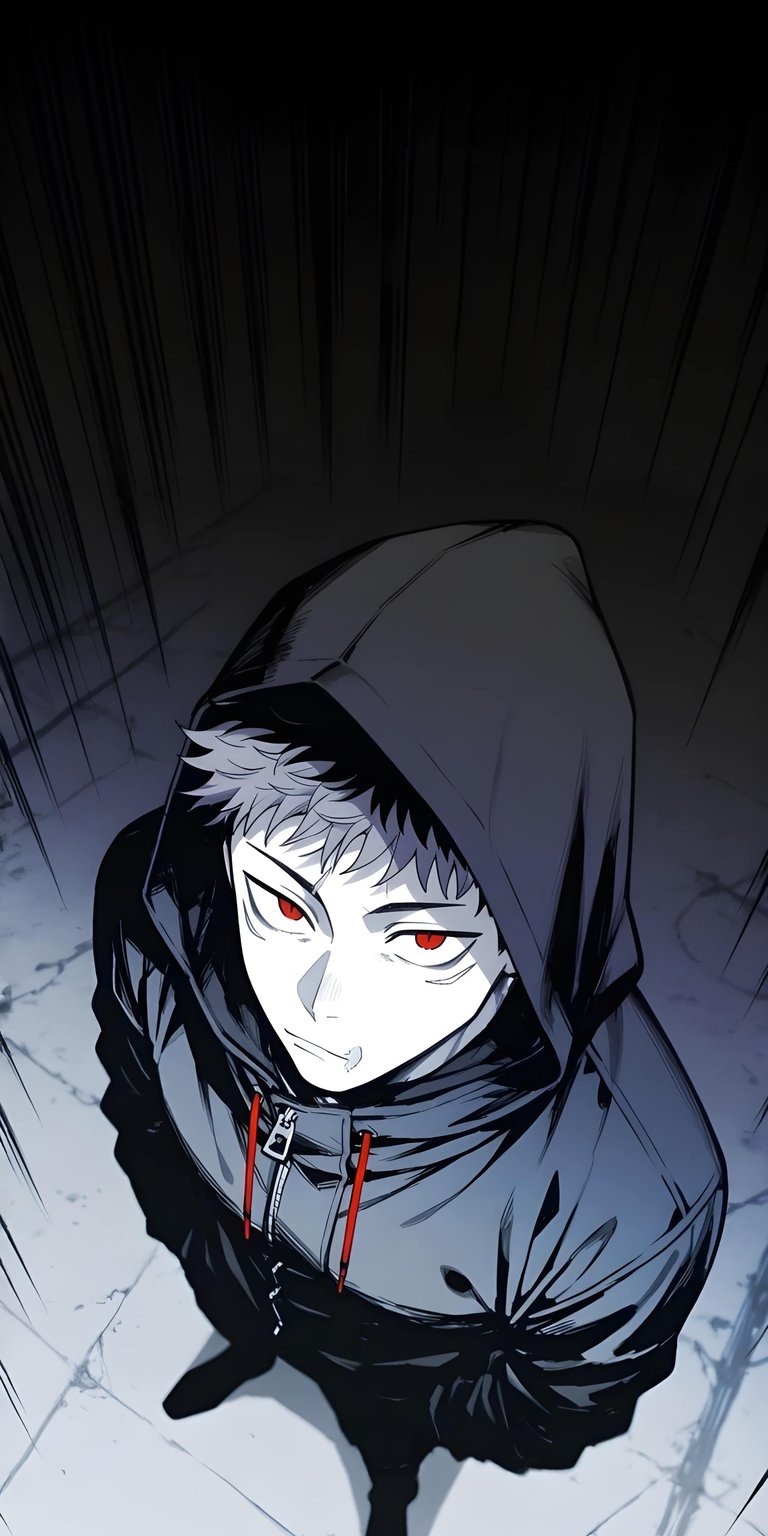 Download this stunning Jujutsu Kaisen wallpaper in 4K resolution for your iPhone! This wallpaper showcases the character in a hooded jacket with piercing red eyes, creating a striking visual.